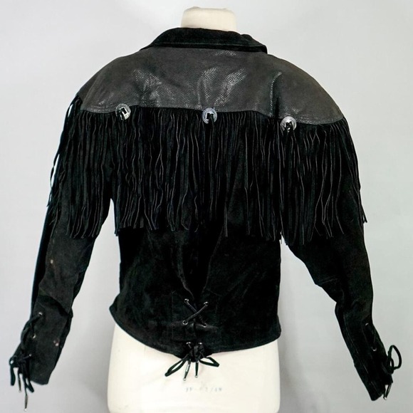 Womens large genuine leather biker boho western fringe jacket - Picture 3 of 5
